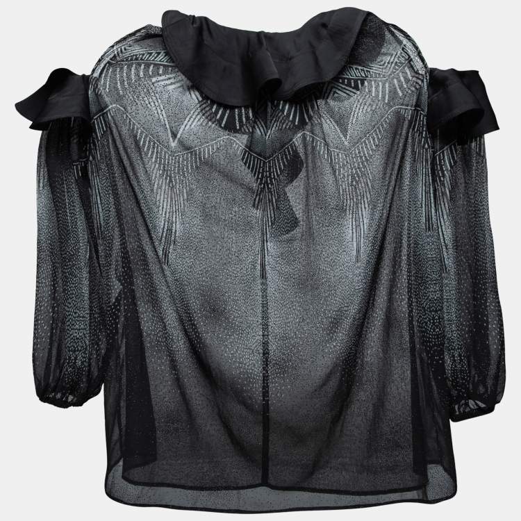 Pre Owned Just Cavalli Black Printed Chiffon Ruffle Trimmed Cold Shoulder Blouse M