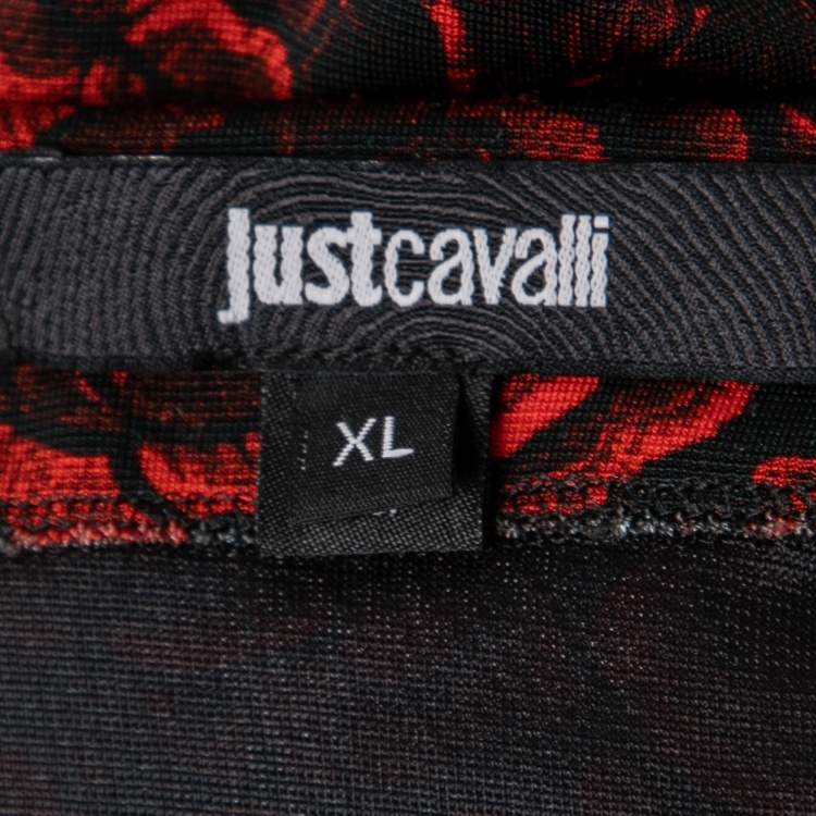 Pre Owned Just Cavalli Red & Black Floral Printed Jersey Midi Skirt XL