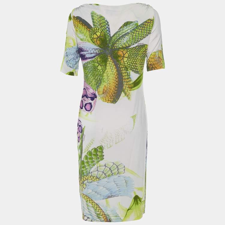 Pre Owned Just Cavalli White Printed Jersey Sleeve Dress M