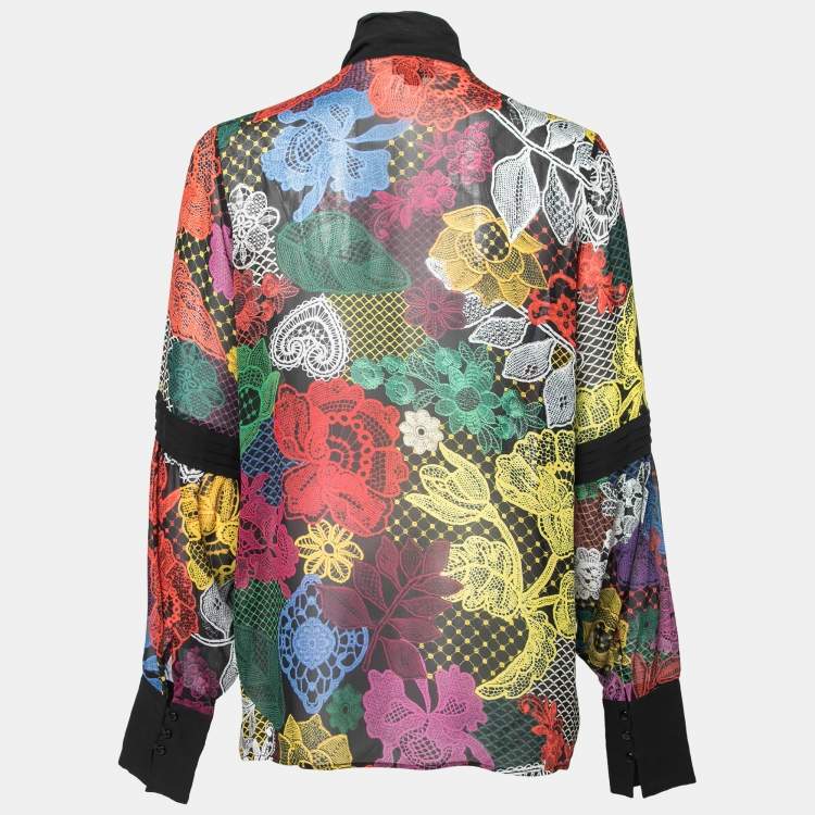 Pre Owned Just Cavalli Multicolor Printed Silk Neck Tie Detail Button Front Blouse M