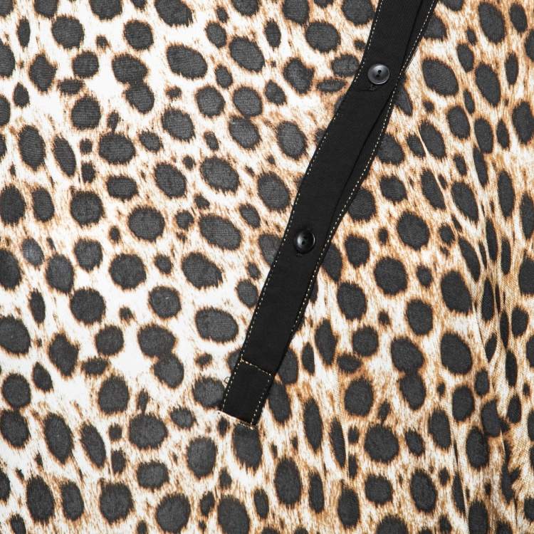 Pre Owned Just Cavalli Brown Leopard Printed Jersey Asymmetric Button Front Top XS