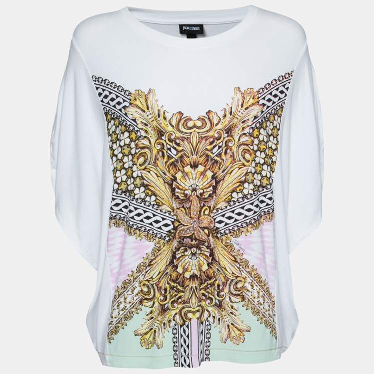 Pre Owned Just Cavalli White Printed Jersey Draped Top XS