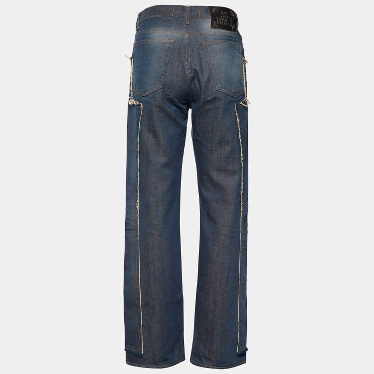 Pre Owned Just Cavalli Vintage Indigo Distressed Denim Straight Fit Jeans M/Waist: 32"