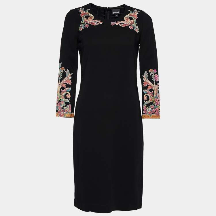 Pre Owned Just Cavalli Black Floral Flock Print Crepe Sheath Dress M