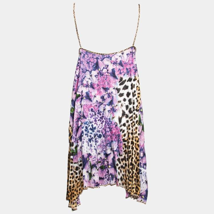Pre Owned Just Cavalli Purple Multicolor Abstract Animal Print Chiffon Pleated Mini Dress M