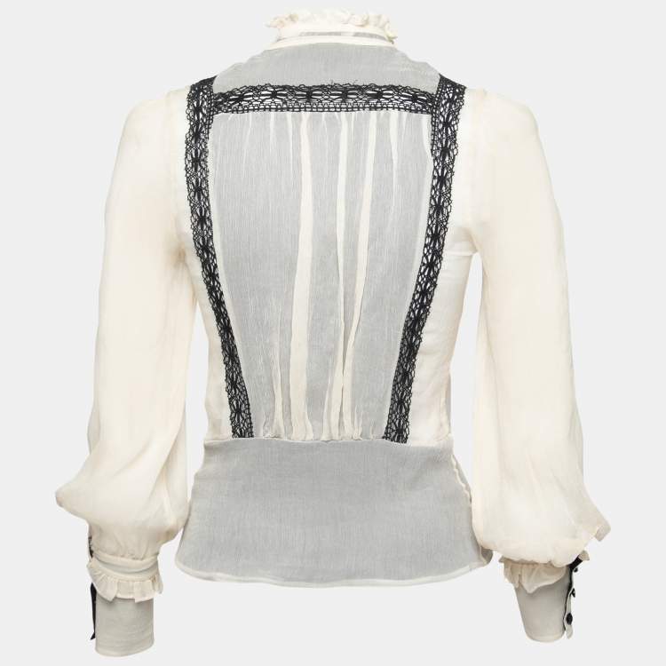 Pre Owned Just Cavalli Cream Silk Chiffon Lace Inset Ruffle Trimmed Blouse S