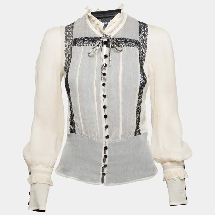 Pre Owned Just Cavalli Cream Silk Chiffon Lace Inset Ruffle Trimmed Blouse S