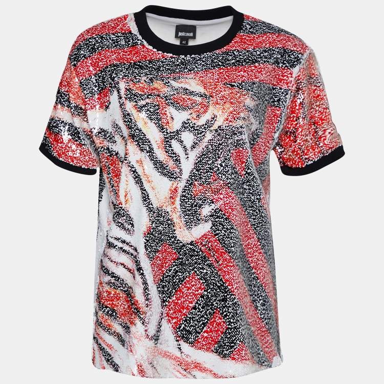 Pre Owned Roberto Cavalli Multicolor Animal Pattern Sequined Crew Neck Top M