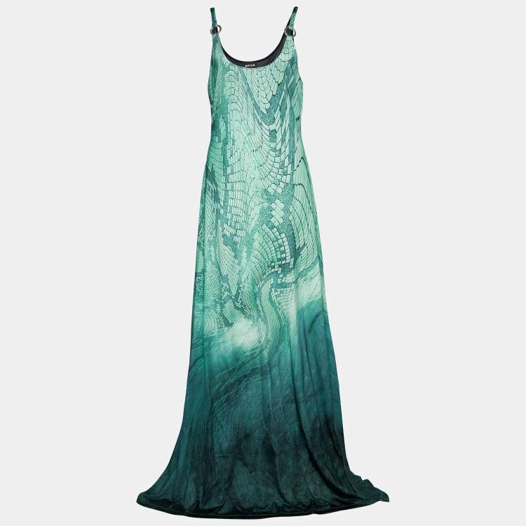 Pre Owned Just Cavalli Green Reptile Print Jersey Sleeveless Maxi Dress XL