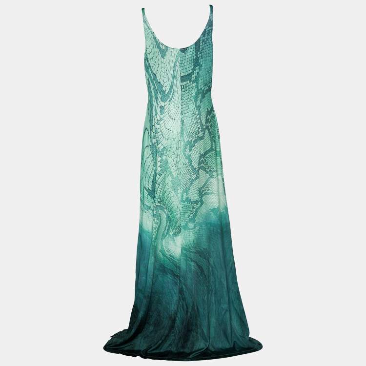 Pre Owned Just Cavalli Green Reptile Print Jersey Sleeveless Maxi Dress XL