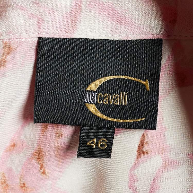 Pre Owned Just Cavalli Pink Printed Satin Silk Ruffle Shirt L