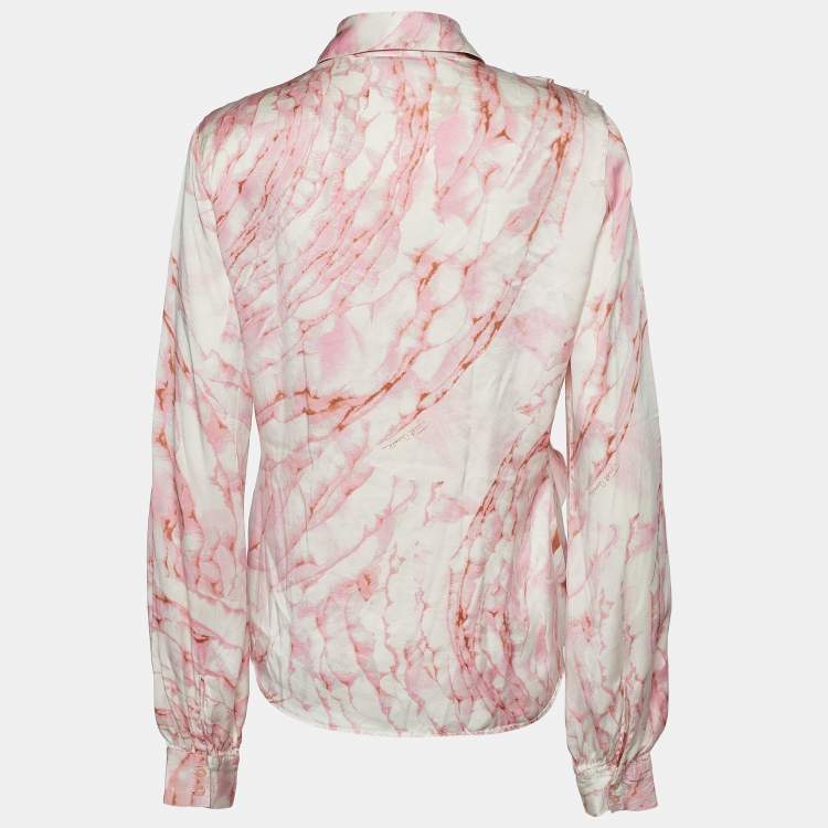 Pre Owned Just Cavalli Pink Printed Satin Silk Ruffle Shirt L