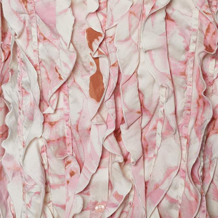 Pre Owned Just Cavalli Pink Printed Satin Silk Ruffle Shirt L