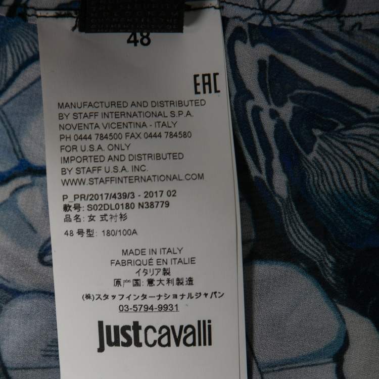 Pre Owned Just Cavalli Blue Floral Printed Chiffon Tie-Neck Blouse L