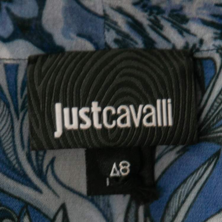 Pre Owned Just Cavalli Blue Floral Printed Chiffon Tie-Neck Blouse L