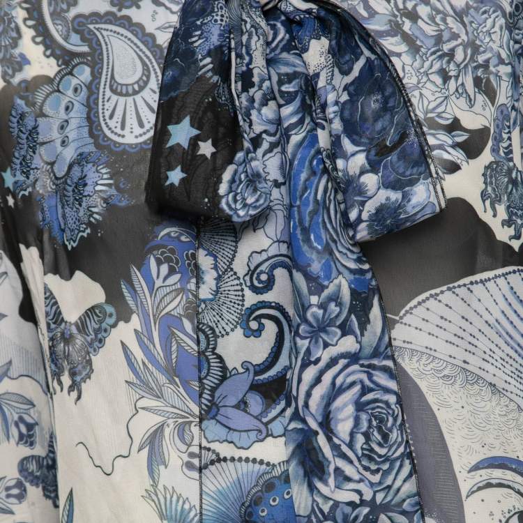 Pre Owned Just Cavalli Blue Floral Printed Chiffon Tie-Neck Blouse L