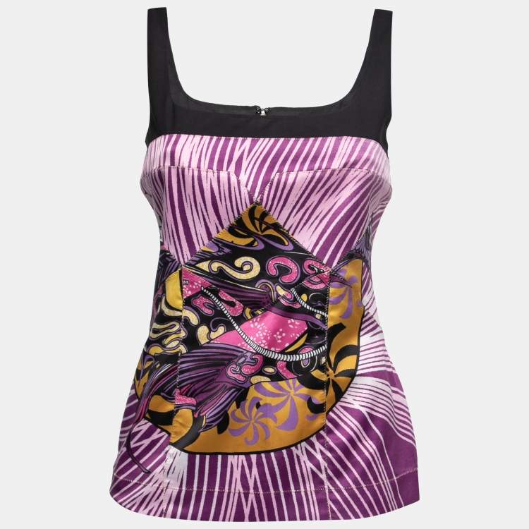 Pre Owned Just Cavalli Purple Printed Satin Sleeveless Top M