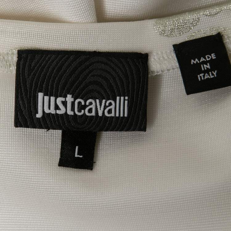 Pre Owned Just Cavalli Ivory Butterfly Foil Print Knit Scoop Neck Top L