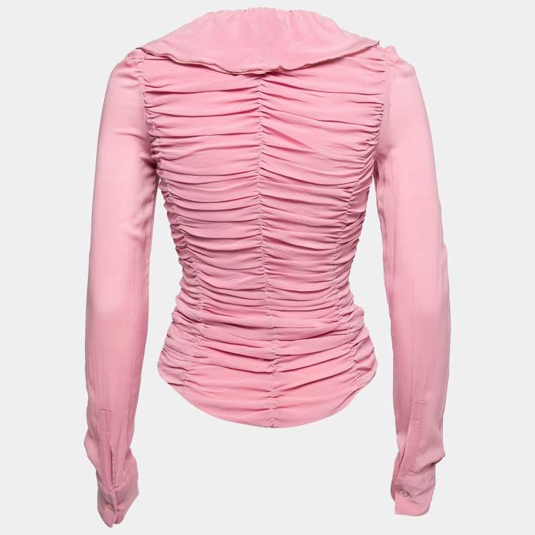 Pre Owned Just Cavalli Pink Chiffon Ruffled Collar Ruched Top S 