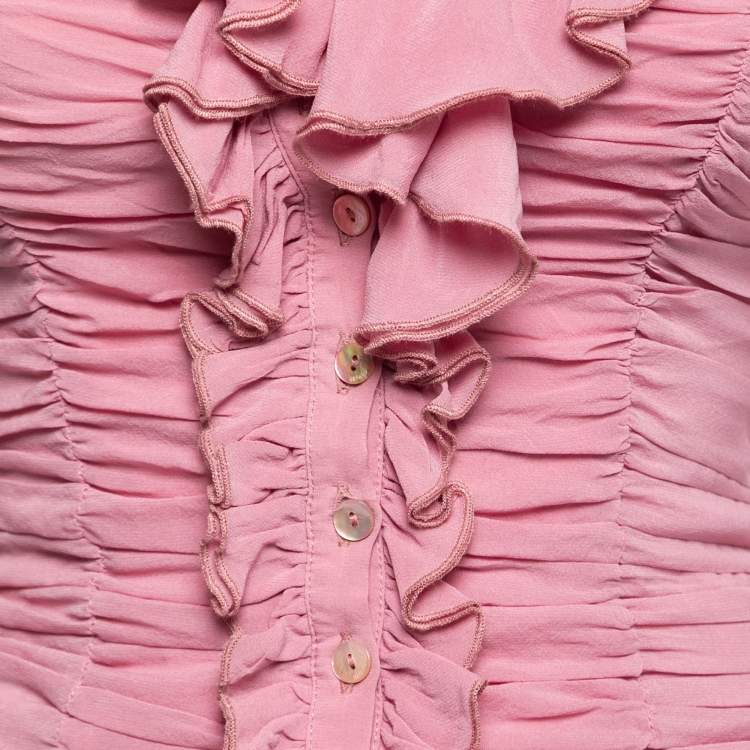 Pre Owned Just Cavalli Pink Chiffon Ruffled Collar Ruched Top S 