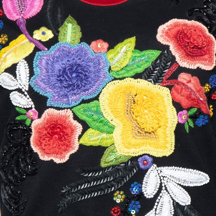 Pre Owned Just Cavalli Black Floral Embroidered Knit Midi Dress M