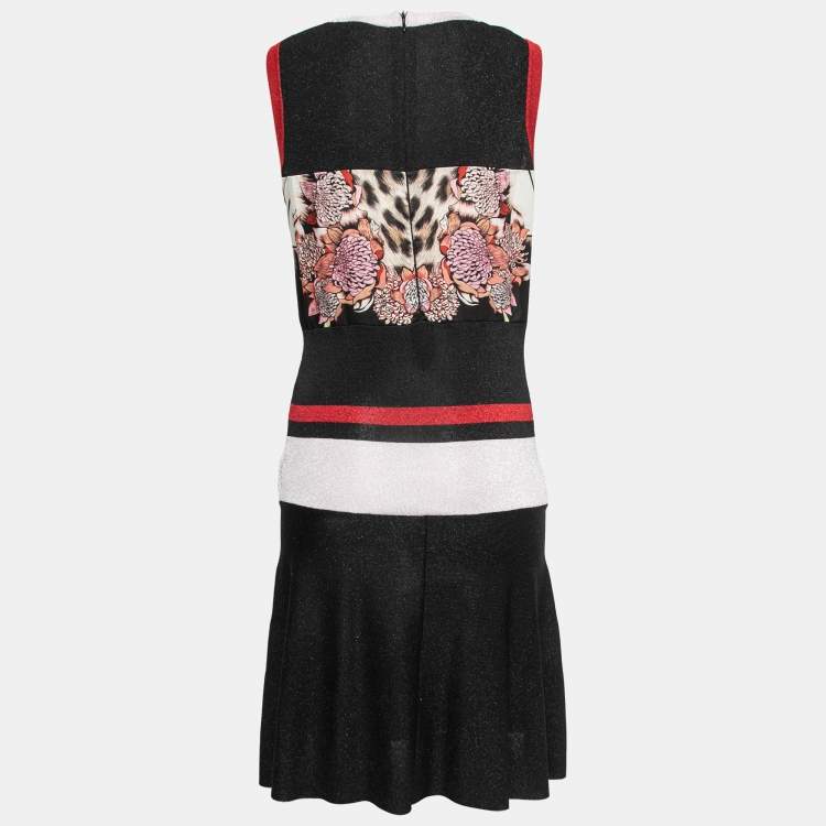 Pre Owned Just Cavalli Black Striped Patterned Knit Floral Paneled Midi Dress M