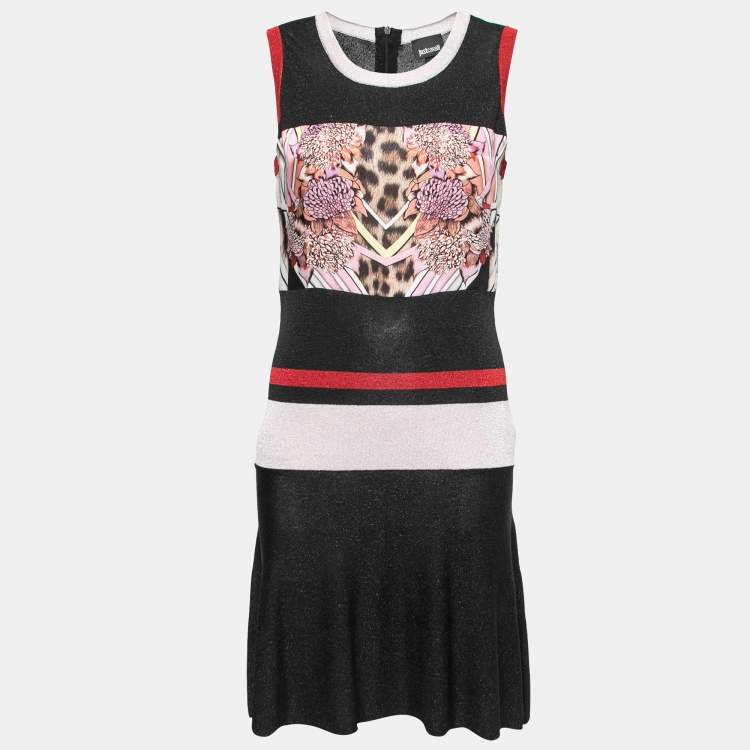 Pre Owned Just Cavalli Black Striped Patterned Knit Floral Paneled Midi Dress M