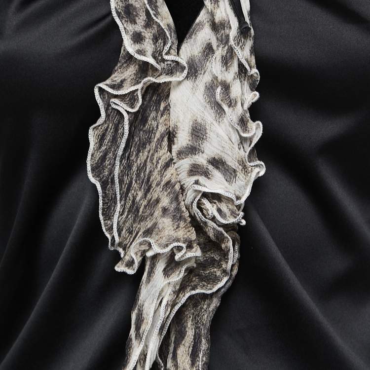 Pre Owned Just Cavalli Black Satin Ruffle Trim Detail Top S