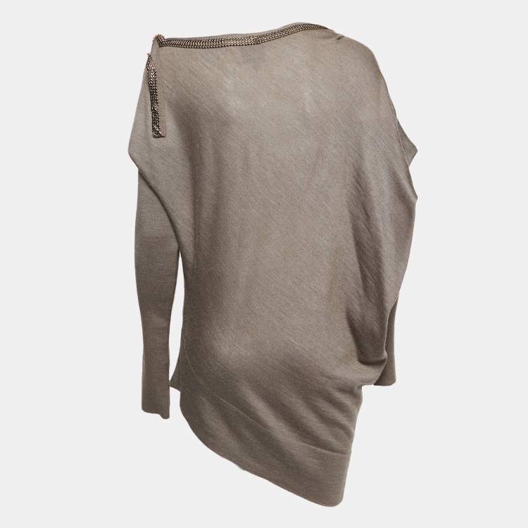 Pre Owned Just Cavalli Light Brown Beaded Detail Knit Asymmetrical Sweater M