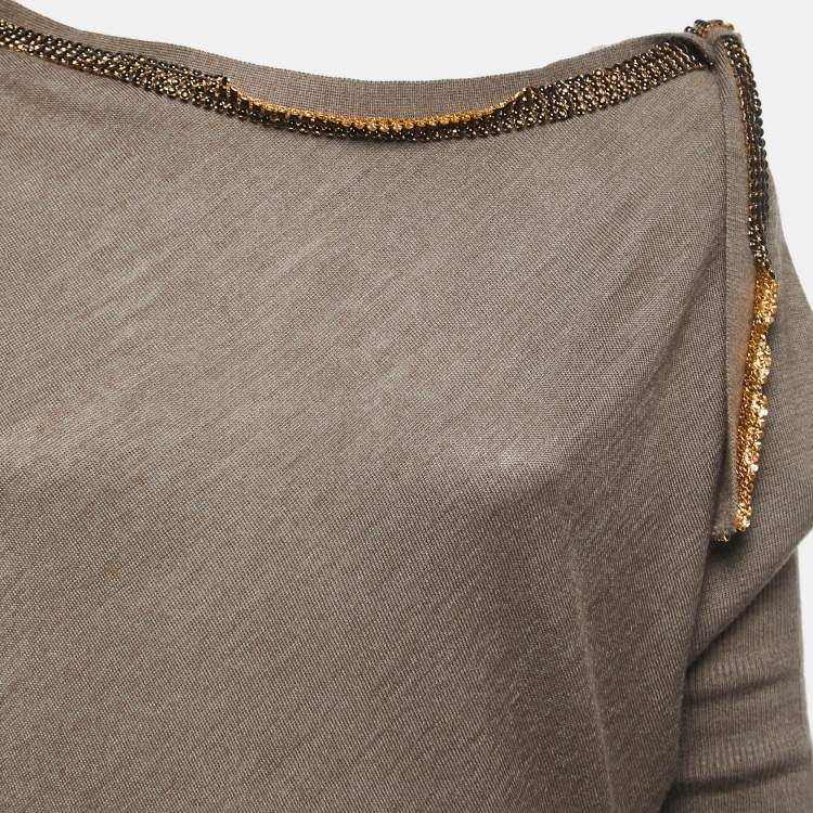 Pre Owned Just Cavalli Light Brown Beaded Detail Knit Asymmetrical Sweater M