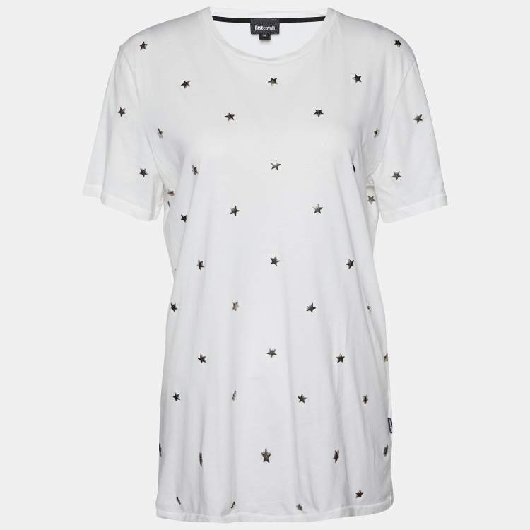 Pre Owned Just Cavalli White Cotton Knit Star Studded T-Shirt M