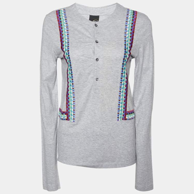 Pre Owned Just Cavalli Grey Embroidered Cotton Knit Button Front Round Neck T-Shirt L