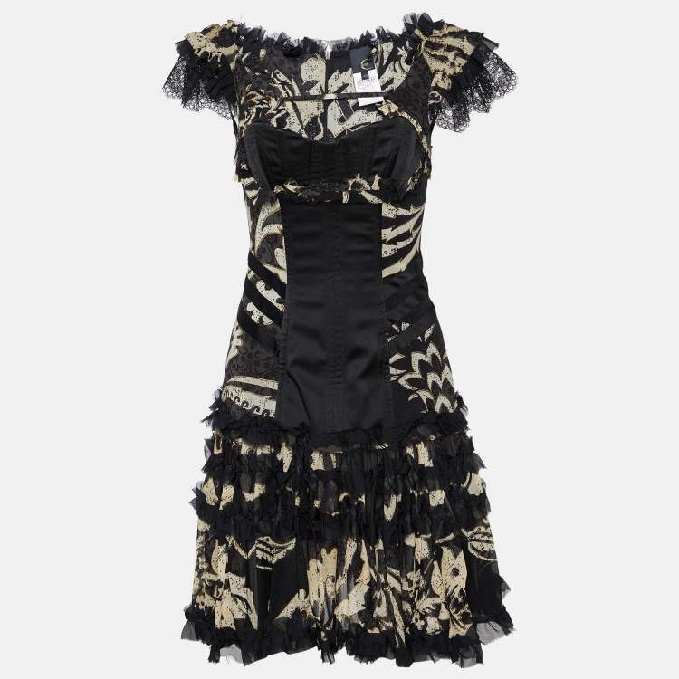Pre Owned Just Cavalli Black Floral Printed Silk Ruffled Corset Detail Mini Dress S