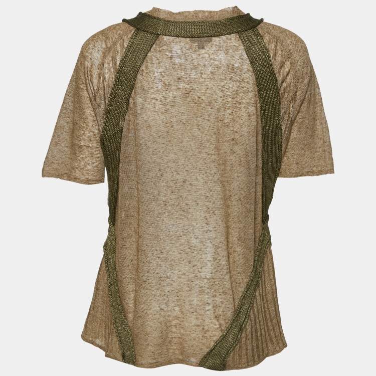 Pre Owned Just Cavalli Brown Linen Knit Contrast Trim Detail T-Shirt XL