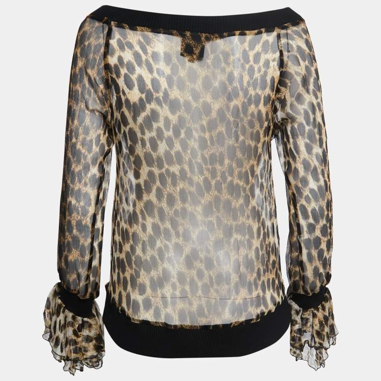 Pre Owned Just Cavalli Black/Brown Animal Printed Silk Off-Shoulder Top M