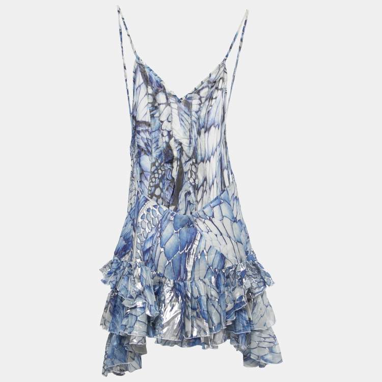 Pre Owned Just Cavalli Blue Printed Silk Strappy Open Back Ruffled Mini Dress M