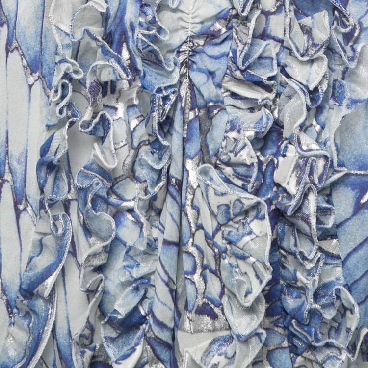 Pre Owned Just Cavalli Blue Printed Silk Strappy Open Back Ruffled Mini Dress M