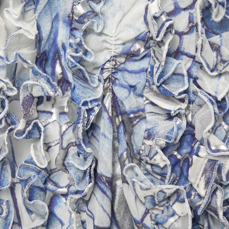 Pre Owned Just Cavalli Blue Printed Silk Strappy Open Back Ruffled Mini Dress M