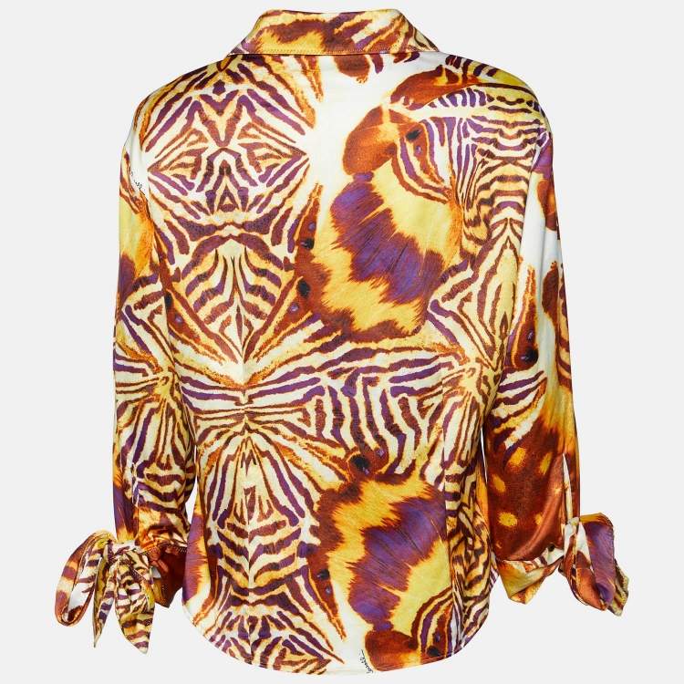 Pre Owned Just Cavalli Multicolor Printed Satin Cuff Tie Detail Shirt XL