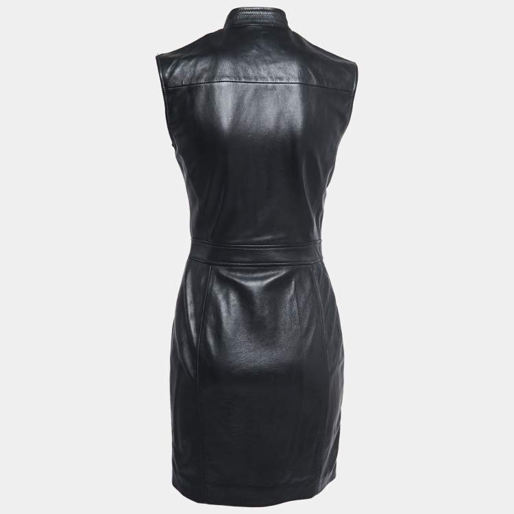 Pre Owned Just Cavalli Black Leather Button Detail Sleeveless Zip Front Short Dress S