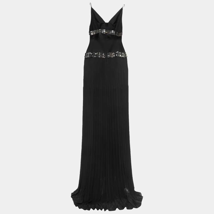 Just Cavalli Black Crystals Embellished Silk Pleated Strappy Long Dress M Just Cavalli TLC