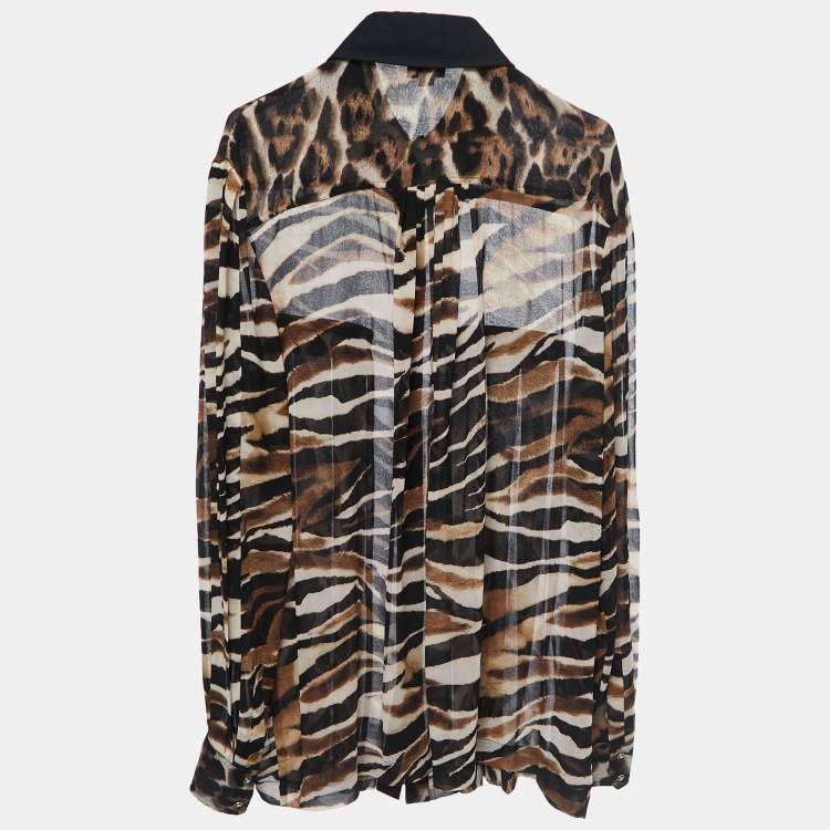 Pre Owned Just Cavalli Black Animal Print Synthetic Button Front Full Sleeve Shirt Blouse XL