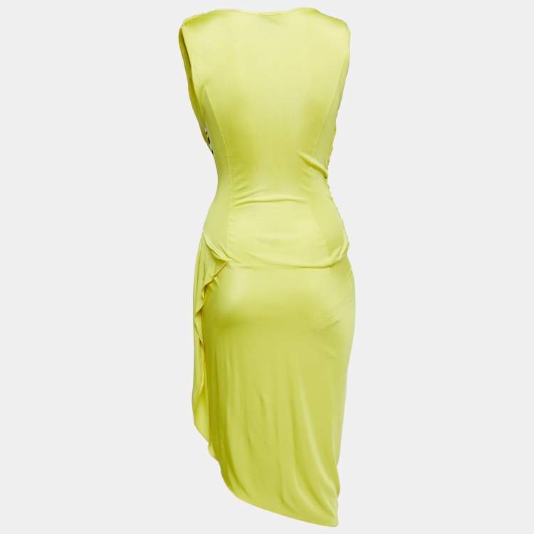 Pre Owned Just Cavalli Yellow Jersey Leopard Print Patch Detail Draped Sleeveless Midi Dress S