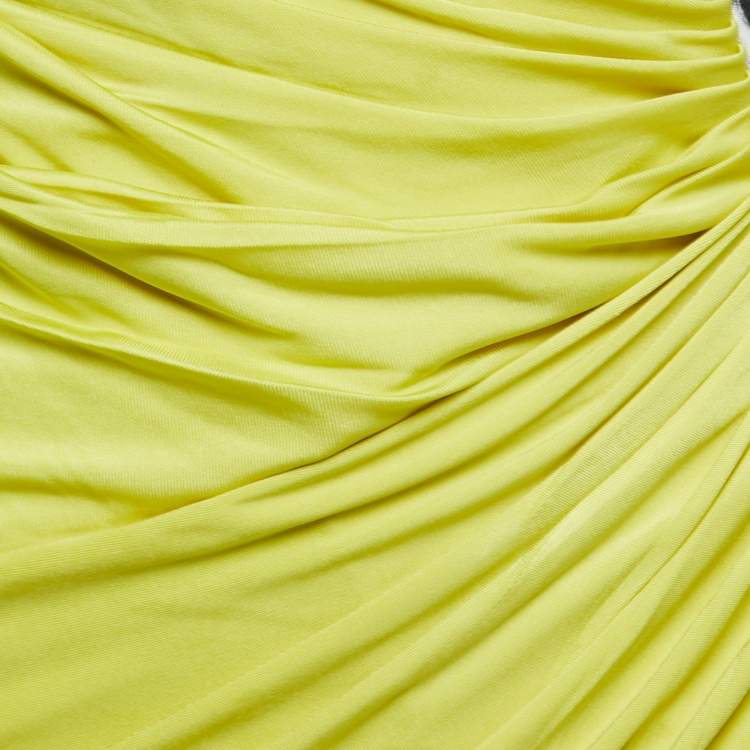 Pre Owned Just Cavalli Yellow Jersey Leopard Print Patch Detail Draped Sleeveless Midi Dress S