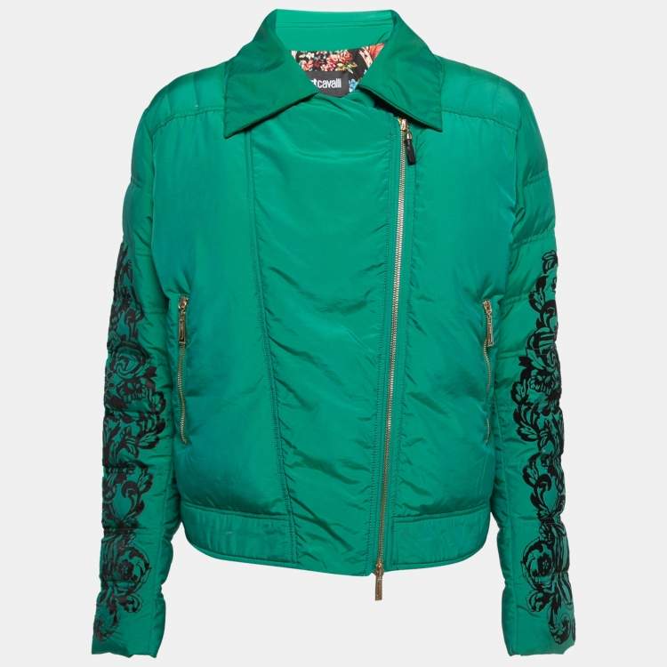 Pre Owned Just Cavalli Green Synthetic Velvet Trim Zip Front Down Jacket L