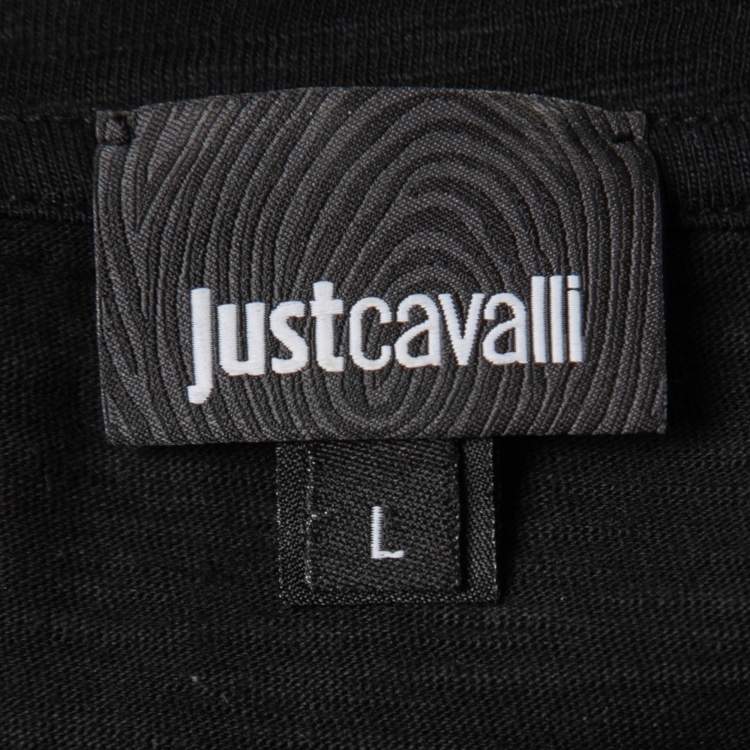 Pre Owned Just Cavalli Black Logo Print Cotton Crew Neck T-Shirt L
