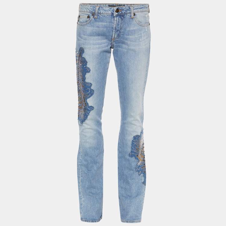Pre Owned Just Cavalli Blue Denim Rockstud Detail Wide Leg Jeans M
