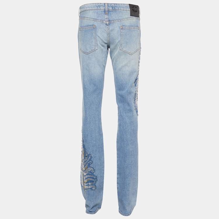 Pre Owned Just Cavalli Blue Denim Rockstud Detail Wide Leg Jeans M