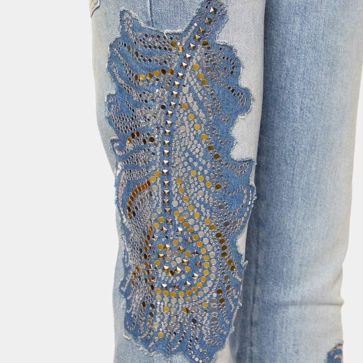 Pre Owned Just Cavalli Blue Denim Rockstud Detail Wide Leg Jeans M