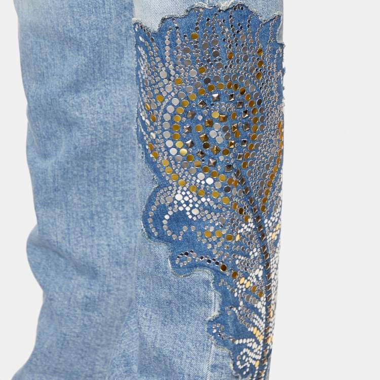 Pre Owned Just Cavalli Blue Denim Rockstud Detail Wide Leg Jeans M